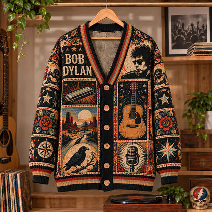 Bob Dylan Vintage Knit Cardigan- Premium Folk Rock Music Merchandise, Retro Acoustic Guitar & Harmonica Graphic Button Up Top