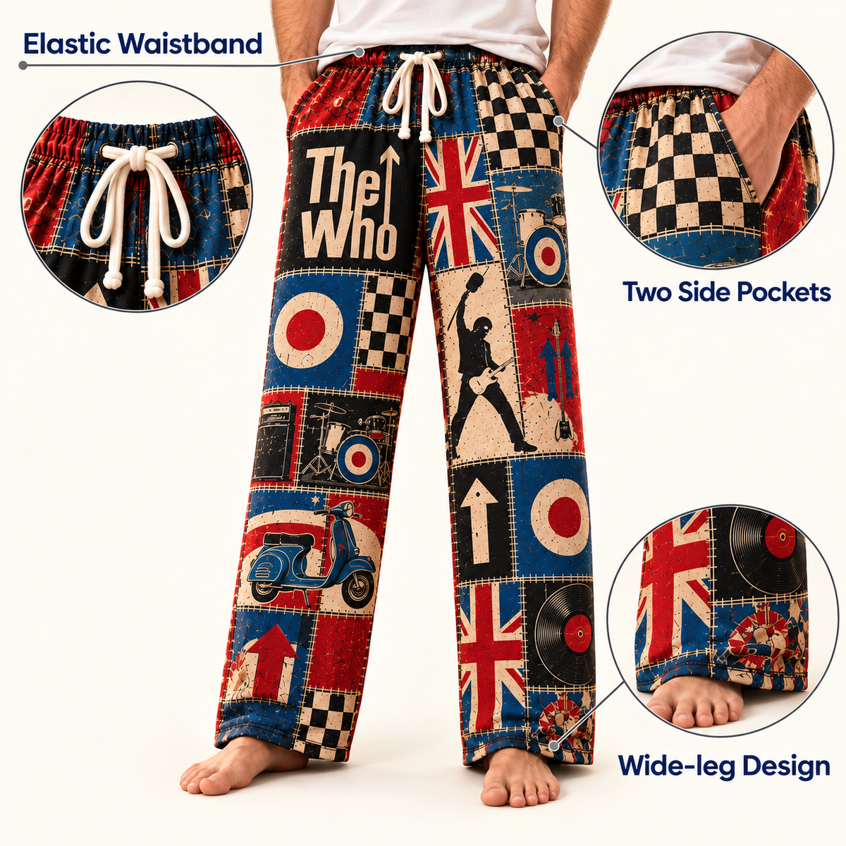 The Who Patchwork Pajama Pants - Vintage British Mod Rock Art & Union Jack Lounge Pants with Elastic Waistband, Adjustable Drawstring & Two Side Pockets