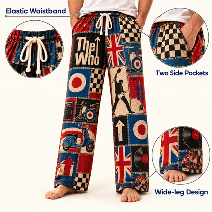 The Who Patchwork Pajama Pants - Vintage British Mod Rock Art & Union Jack Lounge Pants with Elastic Waistband, Adjustable Drawstring & Two Side Pockets