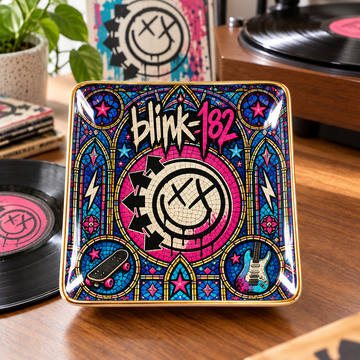 Blink-182 Ceramic Ring Dish - Pop Punk Stained Glass Jewelry Tray, Smiley Face Logo Trinket Dish Fan Gift