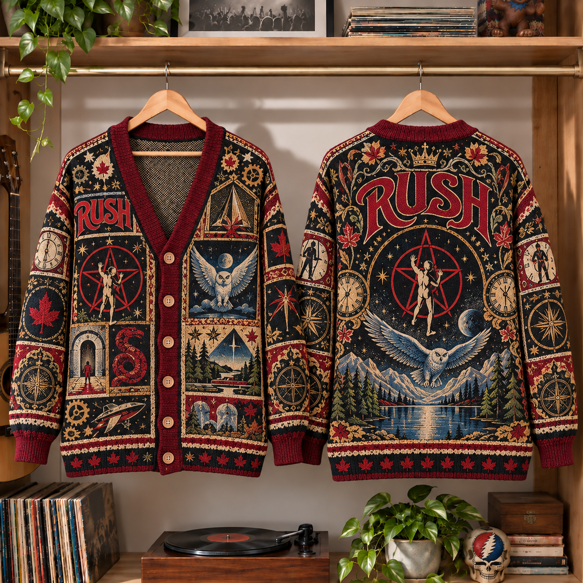 Rush Retro Rock Knit Cardigan - Vintage Style Prog Rock Button Down Sweater, Unique 2112 Fly By Night Band Merchandise Fan Outfit