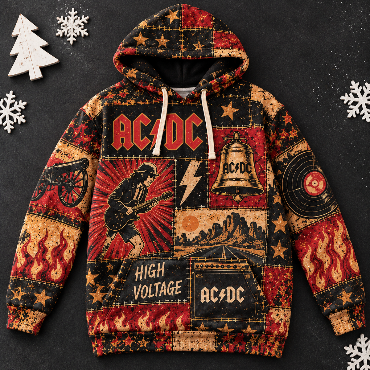 AC/DC Patchwork Hoodie – High Voltage Rock Band Pullover, Vintage Red Black Graphic Hoodie, Soft Fabric, AC/DC Fan Gift