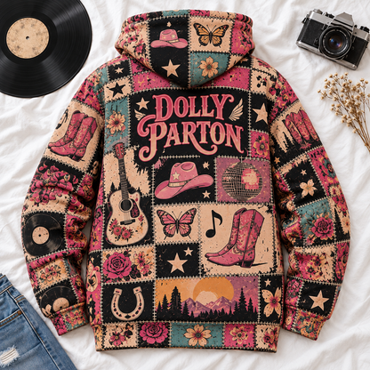 Dolly Parton Patchwork Hoodie – Vintage Country Music Graphic Pullover, Retro Western Floral Hoodie, Dolly Parton Fan Gift