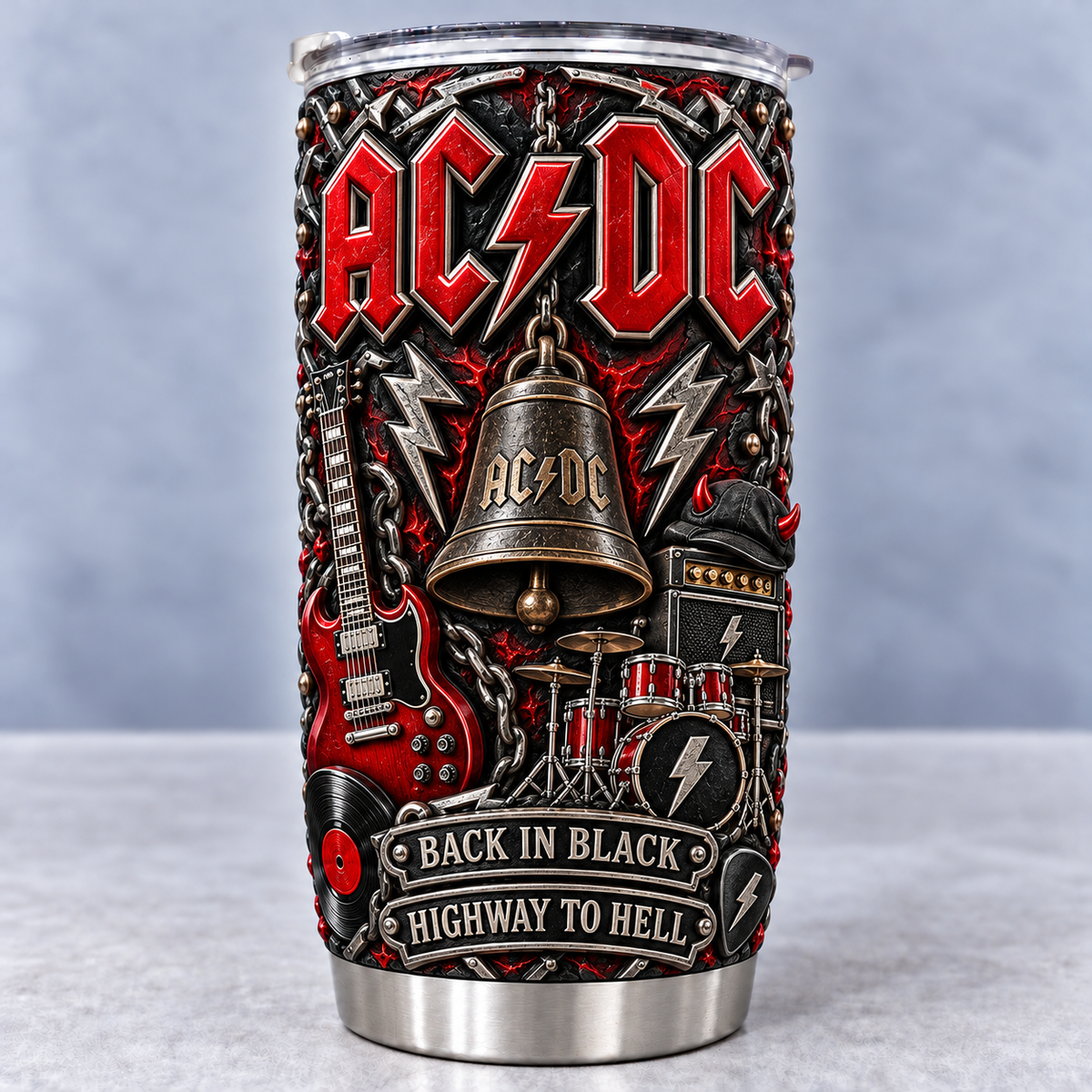 AC/DC 3D Printed Tumbler - 20oz Stainless Steel Insulated Travel Coffee Mug with Lid - Hard Rock Band Music Merchandise Gift
