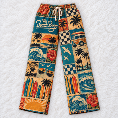 The Beach Boys Patchwork Pajama Pants - Vintage Surf Rock Art & California Sun Lounge Pants with Elastic Waistband, Adjustable Drawstring & Two Side Pockets