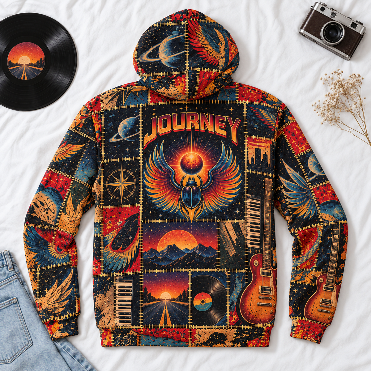 Journey Patchwork Hoodie – Vintage Rock Band Graphic Pullover, Retro Phoenix & Sunset Design, Classic Rock Music Fan Gift, Journey Inspired Sweatshirt