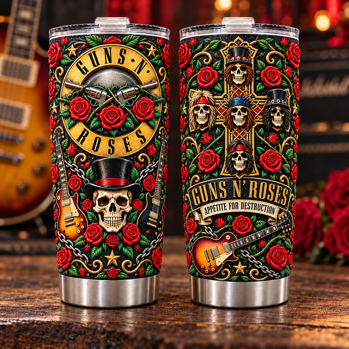 Guns N' Roses 3D Printed Tumbler - 20oz Stainless Steel Insulated Travel Coffee Mug with Lid - Hard Rock Band Music Merchandise Gift