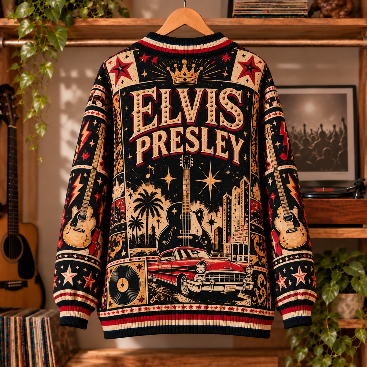 Elvis Presley Retro Graphic Cardigan - Vintage Singer Knit Outerwear, Rock Legend Fan Apparel & Fashion Style Gift