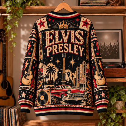 Elvis Presley Retro Graphic Cardigan - Vintage Singer Knit Outerwear, Rock Legend Fan Apparel & Fashion Style Gift