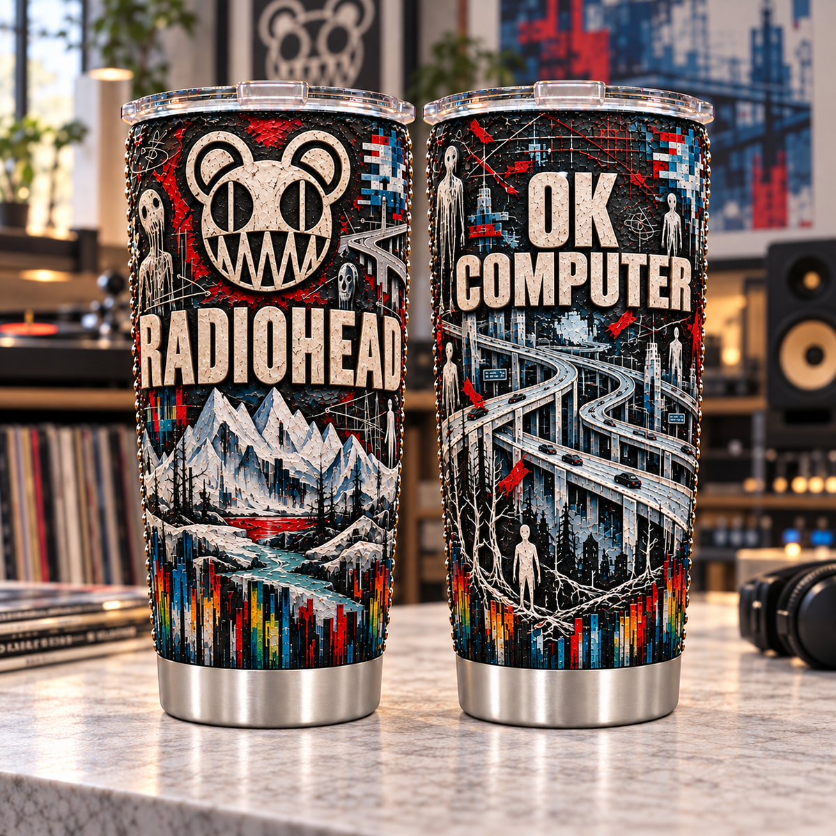 Radiohead 3D Printed Tumbler - 20oz Stainless Steel Insulated Travel Coffee Mug with Lid - Alternative Rock Band Music Merchandise Gift