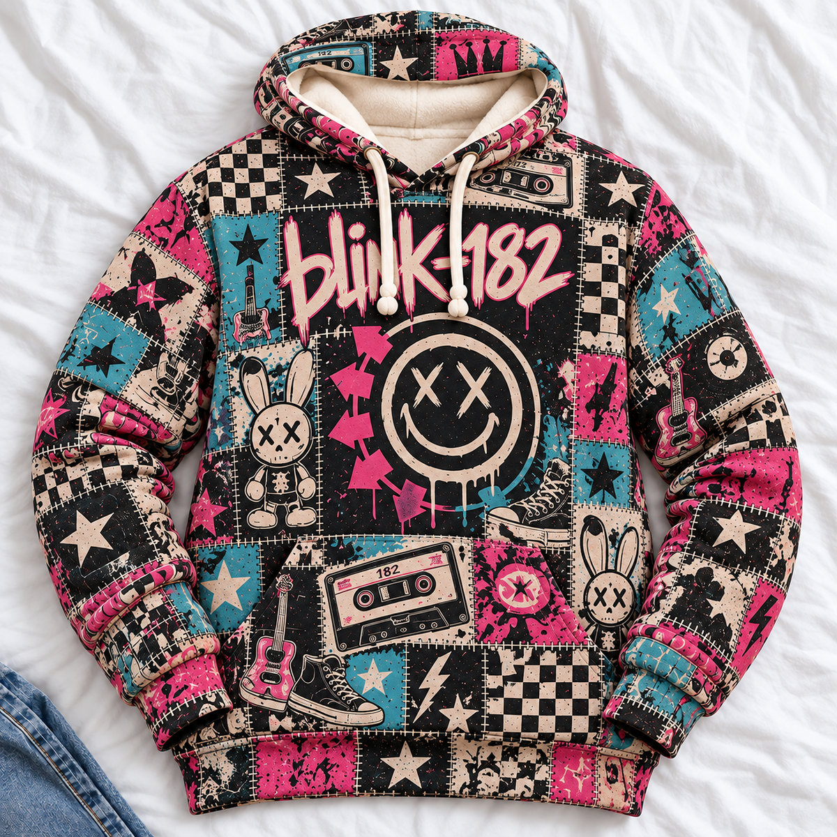 Blink-182 Patchwork Hoodie – Vintage Pop Punk Band Graphic Pullover, Pink Blue Emo Rock Hoodie, Retro 90s 2000s Music Fan Gift