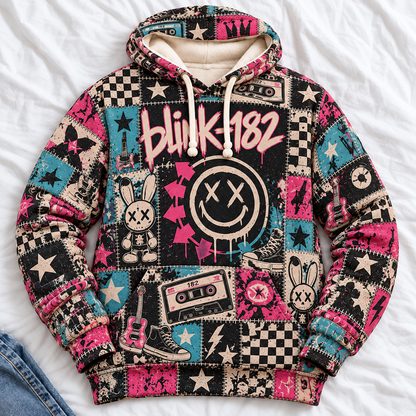 Blink-182 Patchwork Hoodie – Vintage Pop Punk Band Graphic Pullover, Pink Blue Emo Rock Hoodie, Retro 90s 2000s Music Fan Gift
