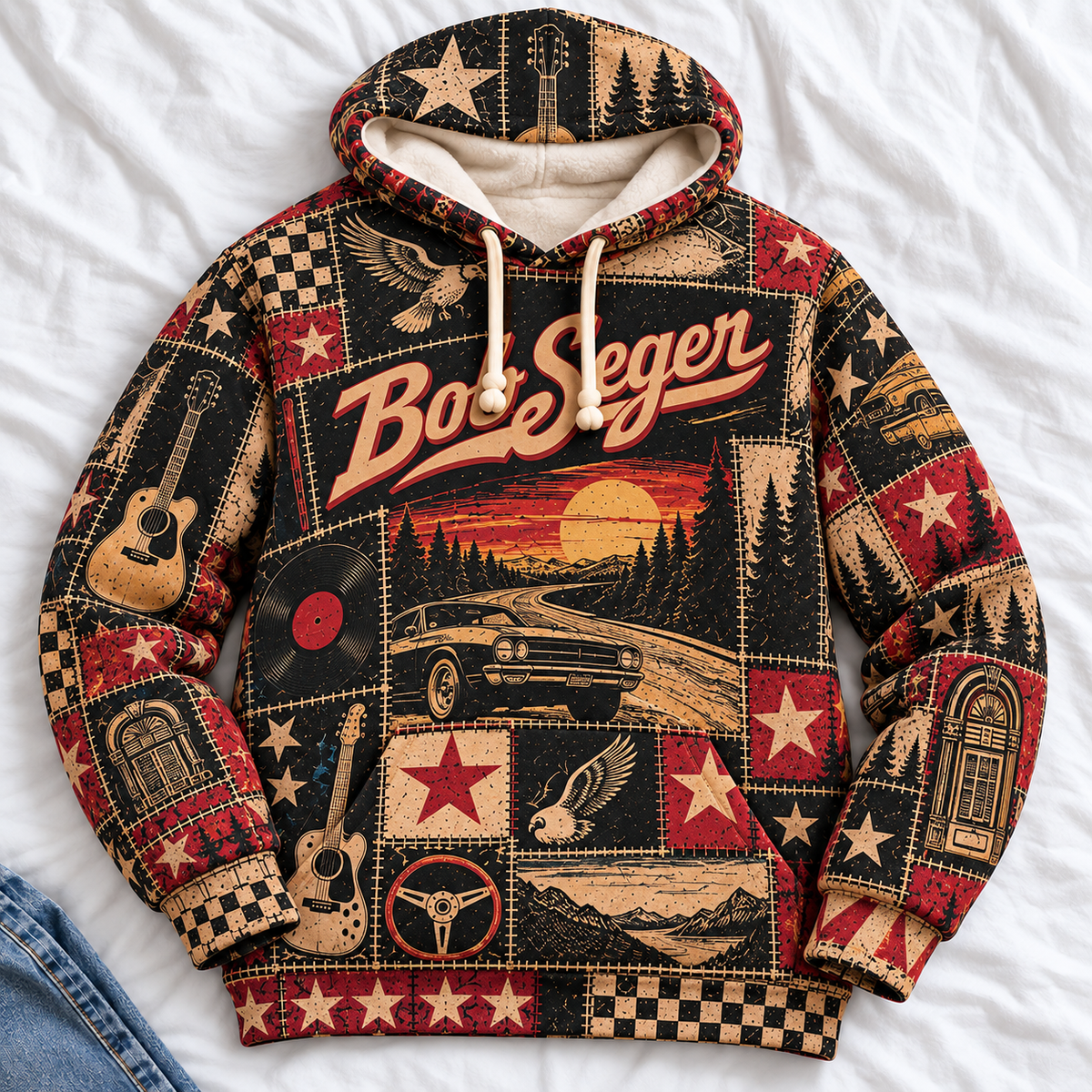 Bob Seger Patchwork Hoodie – Vintage Classic Rock Graphic Pullover, Retro 70s 80s Rock Music Hoodie, Bob Seger Fan Gift