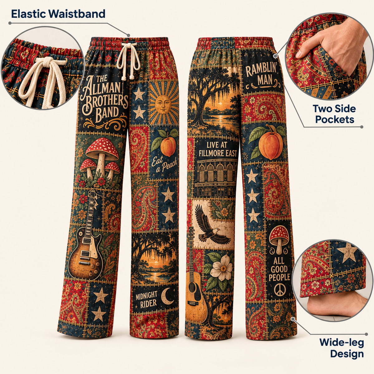 The Allman Brothers Band Pajama Pants - Christmas Holiday Lounge Pants, Southern Rock Fan Sleepwear & Gift for Men
