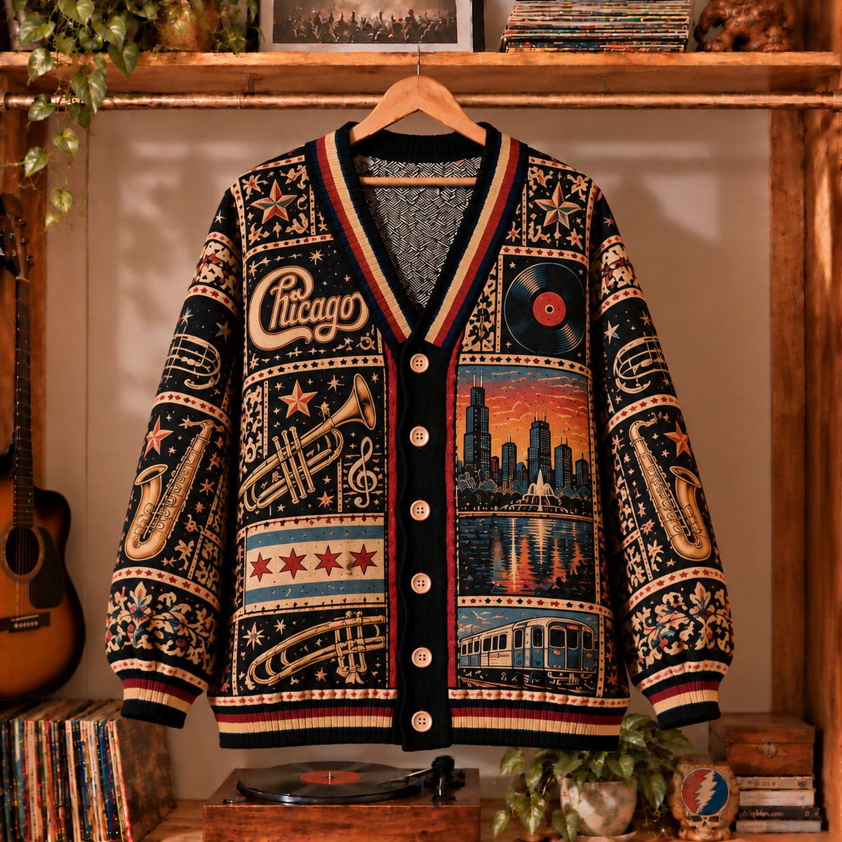 Chicago Band Retro Graphic Cardigan - Vintage Rock Knit Outerwear, Classic Rock Band Fan Apparel & Fashion Style Gift