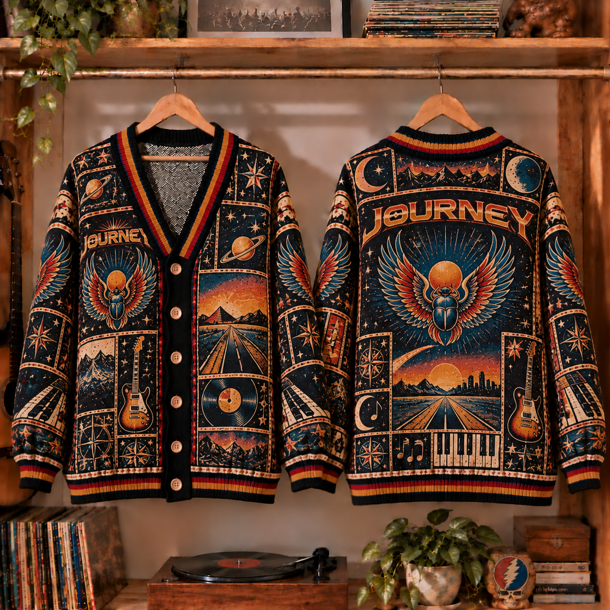 Journey Band Retro Graphic Cardigan - Vintage Rock Knit Outerwear, Classic Rock Band Fan Apparel & Fashion Style Gift