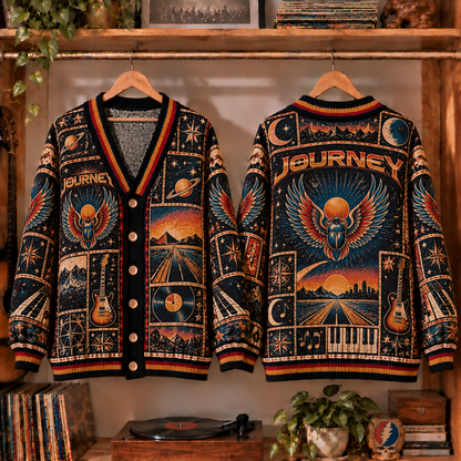 Journey Band Retro Graphic Cardigan - Vintage Rock Knit Outerwear, Classic Rock Band Fan Apparel & Fashion Style Gift