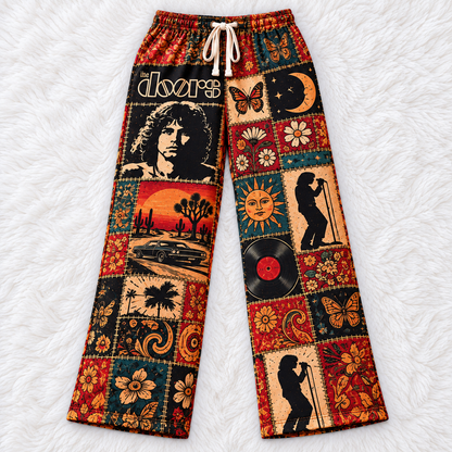 The Doors Patchwork Pajama Pants - Vintage Psychedelic Rock Art Lounge Pants with Elastic Waistband, Adjustable Drawstring & Two Side Pockets