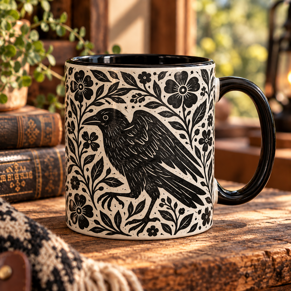 Linocut Raven Ceramic Coffee Mug | Vintage Black Crow Floral Cup, Gothic Raven Coffee Cup