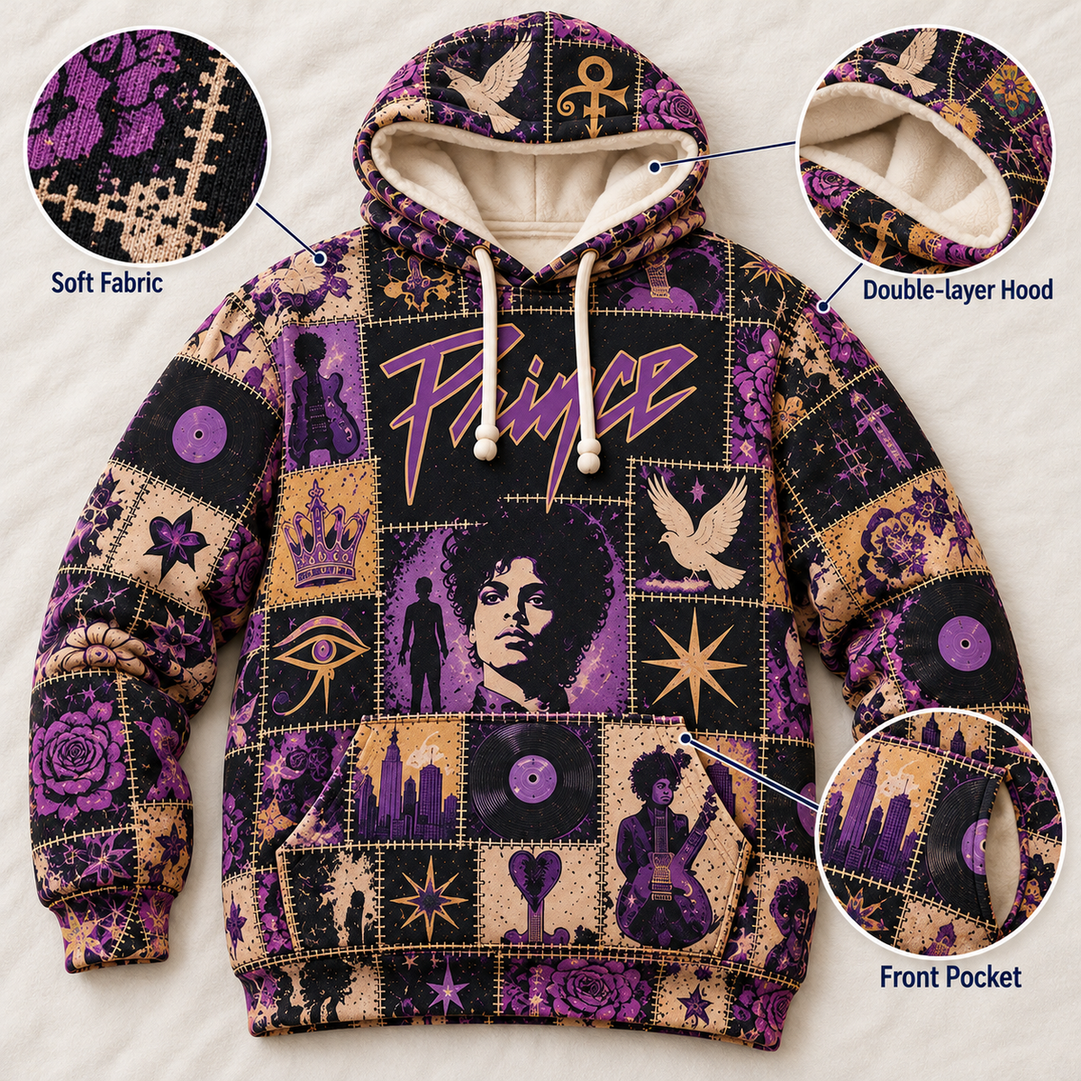 Prince Patchwork Hoodie – Vintage Purple Rain Graphic Pullover, Retro 80s Funk Rock Sweatshirt, Purple and Gold Music Hoodie