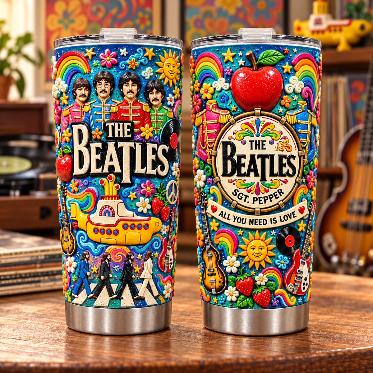 The Beatles 3D Printed Tumbler - 20oz Stainless Steel Insulated Travel Coffee Mug with Lid - Classic Rock Band Music Merchandise Gift