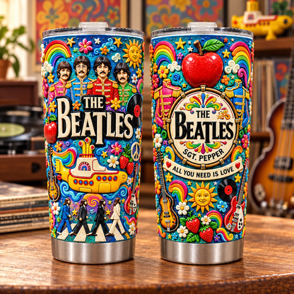 The Beatles 3D Printed Tumbler - 20oz Stainless Steel Insulated Travel Coffee Mug with Lid - Classic Rock Band Music Merchandise Gift