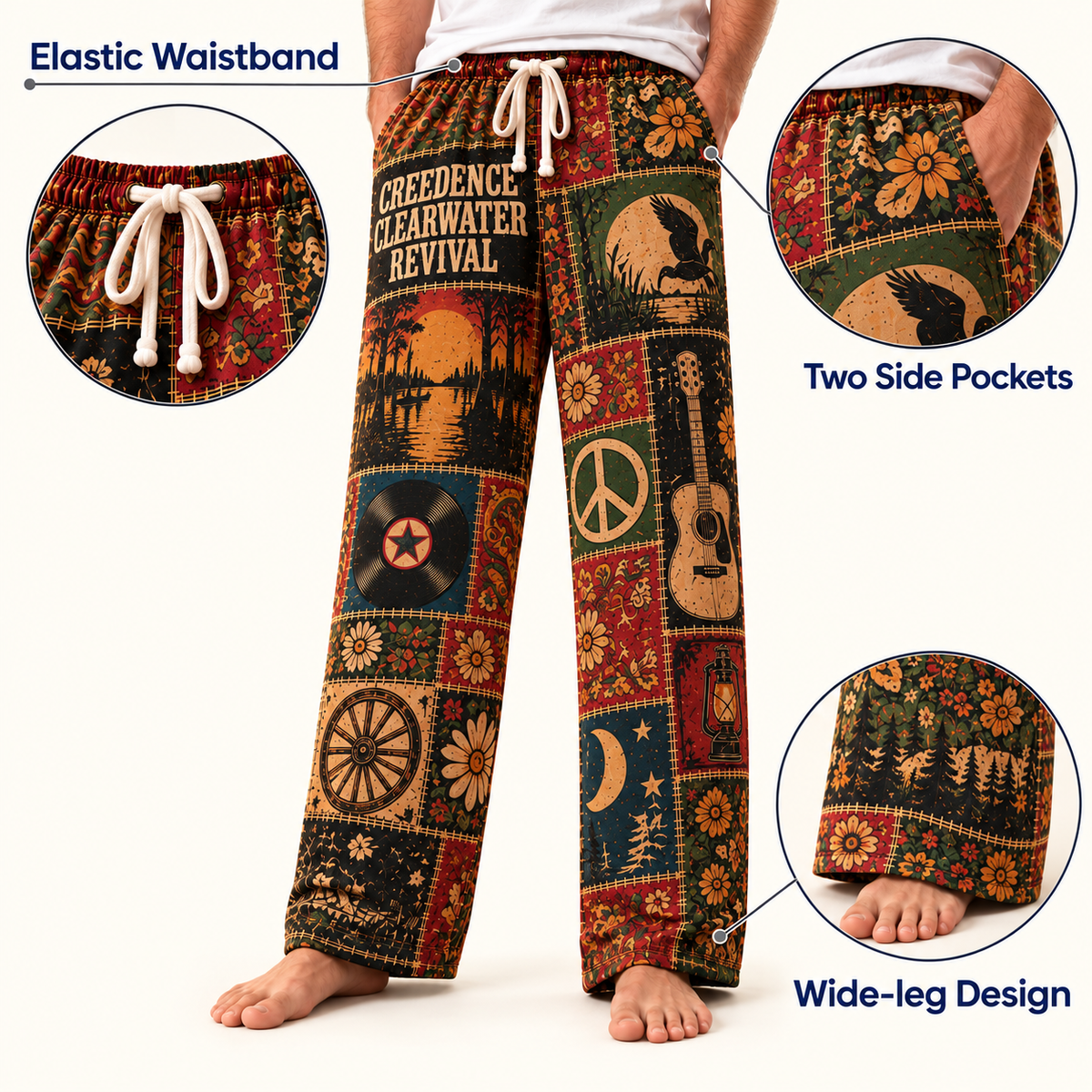 Creedence Clearwater Revival  Pajama Pants - Vintage Patchwork Bayou & Peace Art, Drawstring Waist | Rock Sleepwear