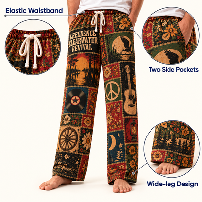 Creedence Clearwater Revival  Pajama Pants - Vintage Patchwork Bayou & Peace Art, Drawstring Waist | Rock Sleepwear