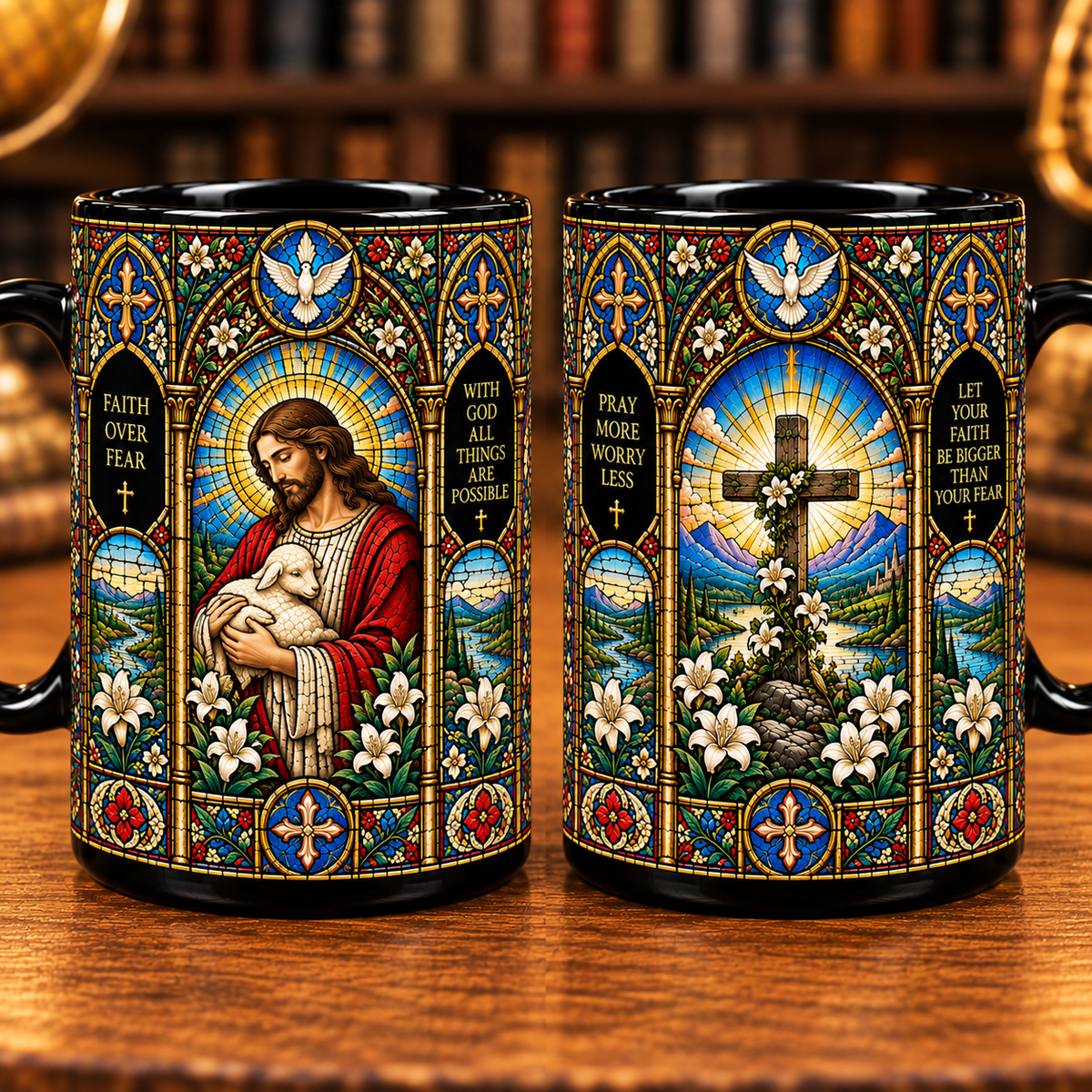 Jesus Stained Glass Mug – Faith Over Fear Christian Coffee Cup, Good Shepherd & Cross Religious Gift for Christian Women