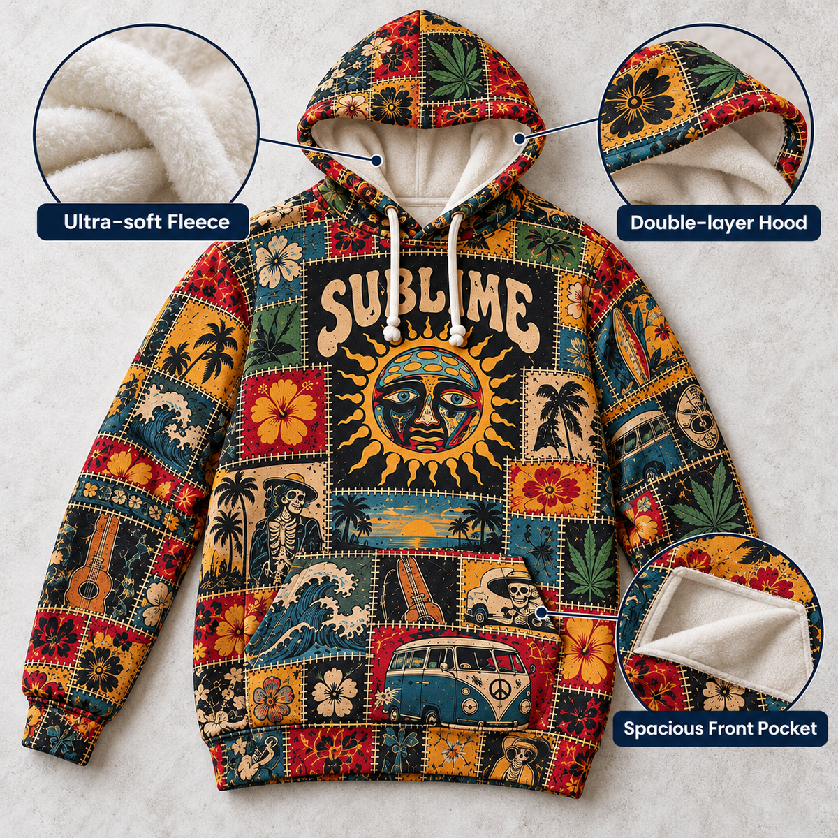 Sublime Patchwork Hoodie – Vintage Reggae Rock Graphic Pullover, Sun Face & Tropical Floral Design, Retro 90s Ska Punk Sweatshirt