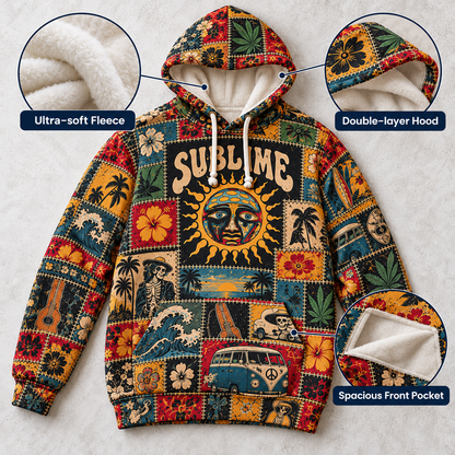 Sublime Patchwork Hoodie – Vintage Reggae Rock Graphic Pullover, Sun Face & Tropical Floral Design, Retro 90s Ska Punk Sweatshirt