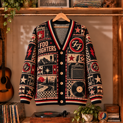 Foo Fighters Retro Graphic Cardigan - Vintage Rock Band Knit Outerwear, Alternative Music Fan Apparel & Fashion Style Gift