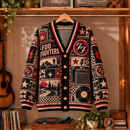 Foo Fighters Retro Graphic Cardigan - Vintage Rock Band Knit Outerwear, Alternative Music Fan Apparel & Fashion Style Gift