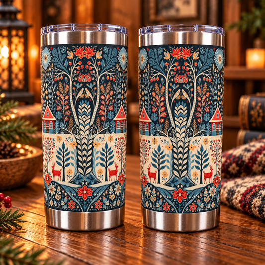 Nordic Viking Folk Art Tumbler – Scandinavian Floral & Forest Design Stainless Steel Travel Cup, Vintage Nordic Deer and Winter Village Artwork, Cozy Gift for Nature Lovers
