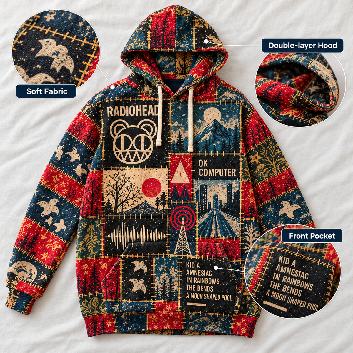 Radiohead Patchwork Hoodie – Vintage Alternative Rock Graphic Pullover, OK Computer Kid A Amnesiac Inspired Hoodie, Radiohead Fan Gift