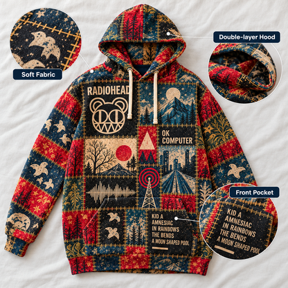 Radiohead Patchwork Hoodie – Vintage Alternative Rock Graphic Pullover, OK Computer Kid A Amnesiac Inspired Hoodie, Radiohead Fan Gift