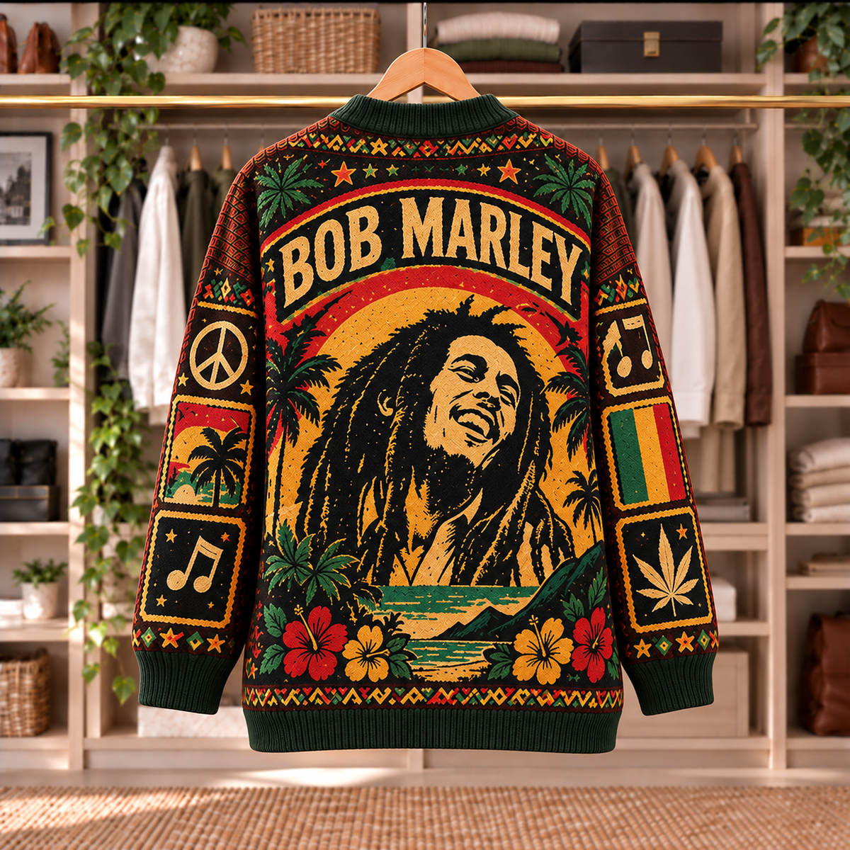 Bob Marley Patchwork Knitted Cardigan - Casual Oversized Button Sweater, Reggae Lion Guitar Music Fan Gift