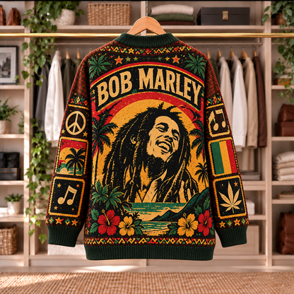 Bob Marley Patchwork Knitted Cardigan - Casual Oversized Button Sweater, Reggae Lion Guitar Music Fan Gift