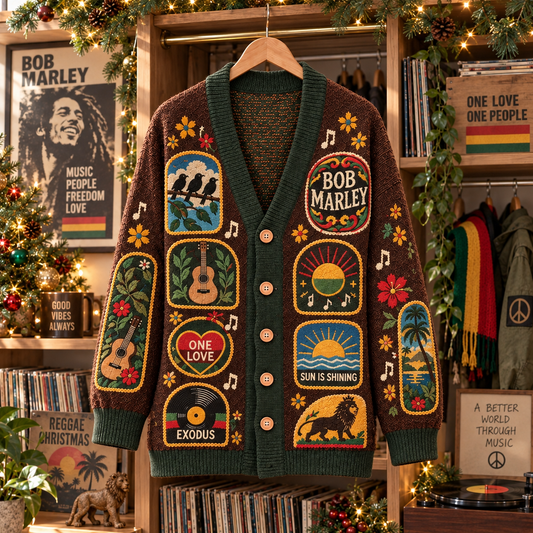 Bob Marley Patchwork Cardigan, One Love Reggae Folk Art Knit Sweater, Vintage Rasta Music Cardigan Gift