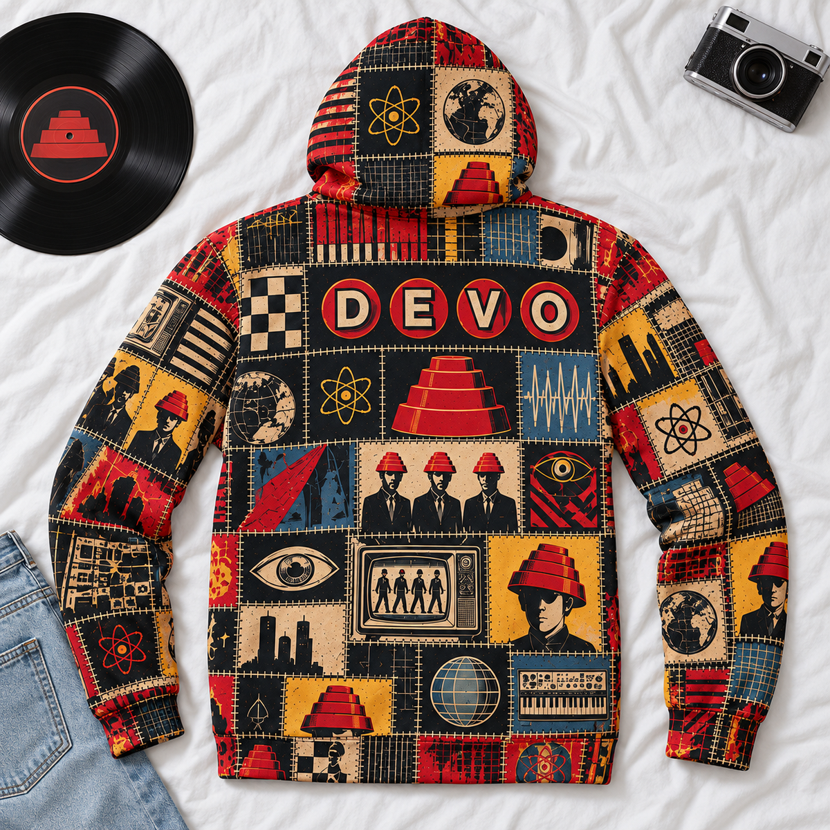 DEVO Patchwork Hoodie – Vintage New Wave Band Graphic Pullover, Retro 80s Synth Rock Hoodie, DEVO Fan Gift