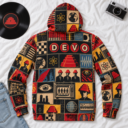 DEVO Patchwork Hoodie – Vintage New Wave Band Graphic Pullover, Retro 80s Synth Rock Hoodie, DEVO Fan Gift