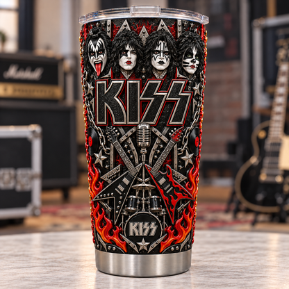 KISS 3D Printed Tumbler - 20oz Stainless Steel Insulated Travel Coffee Mug with Lid - Heavy Metal Hard Rock Band Music Merchandise Gift