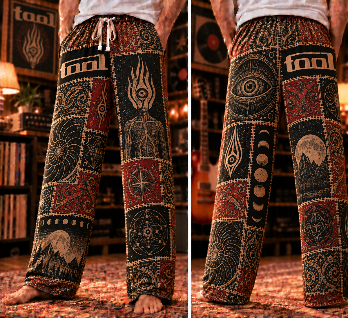 Tool Patchwork Pajama Pants - Vintage Progressive Metal Art Pants with Elastic Waistband, Adjustable Drawstring & Two Side Pockets