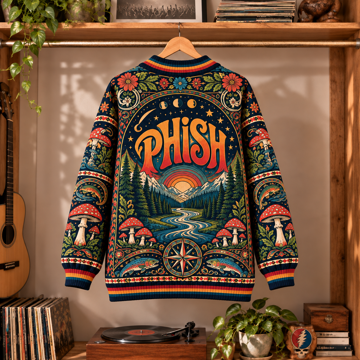 Phish Retro Rock Knit Cardigan - Vintage Style Jam Band Button Down Sweater, Unique Nature Psychedelic Music Merchandise Fan Outfit