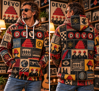 DEVO Patchwork Hoodie – Vintage New Wave Band Graphic Pullover, Retro 80s Synth Rock Hoodie, DEVO Fan Gift