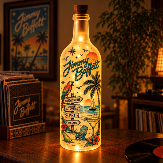Jimmy Buffett Vintage Lighted Bottle Lamp - Premium Tropical Rock Music Merchandise, Margaritaville LED Fairy Light Up Bottle Night Light Decor Gift