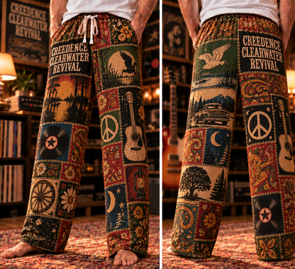 Creedence Clearwater Revival  Pajama Pants - Vintage Patchwork Bayou & Peace Art, Drawstring Waist | Rock Sleepwear