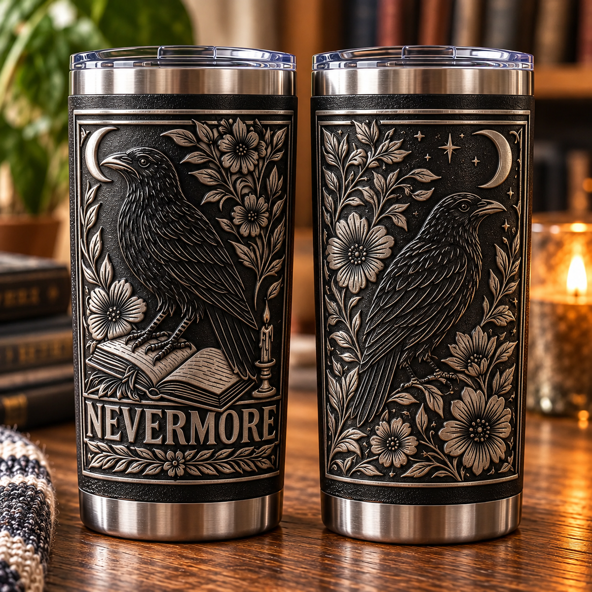 Nevermore Raven 3D Printed Tumbler – Gothic Edgar Allan Poe Inspired Stainless Steel Travel Cup, Vintage Raven & Moon Design, Dark Academia Gift for Book Lovers