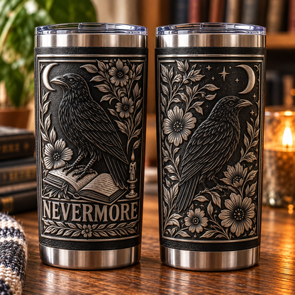 Nevermore Raven 3D Printed Tumbler – Gothic Edgar Allan Poe Inspired Stainless Steel Travel Cup, Vintage Raven & Moon Design, Dark Academia Gift for Book Lovers