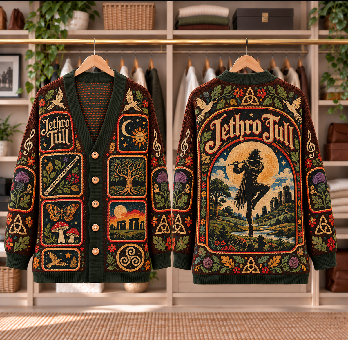 Jethro Tull Patchwork Cardigan - Casual Oversized Button Sweater, Flute Stonehenge Folk Rock Music Fan Gift